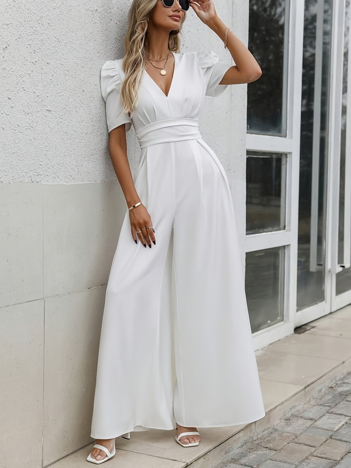 Women'S Stylish White V-Neck Puff Sleeve Wide-Leg Jumpsuit - Polyester Knit, All-Season Comfort, Perfect for Adult Fashion, Fashion Jumpsuit | Modern Fashion | Knit Construction
