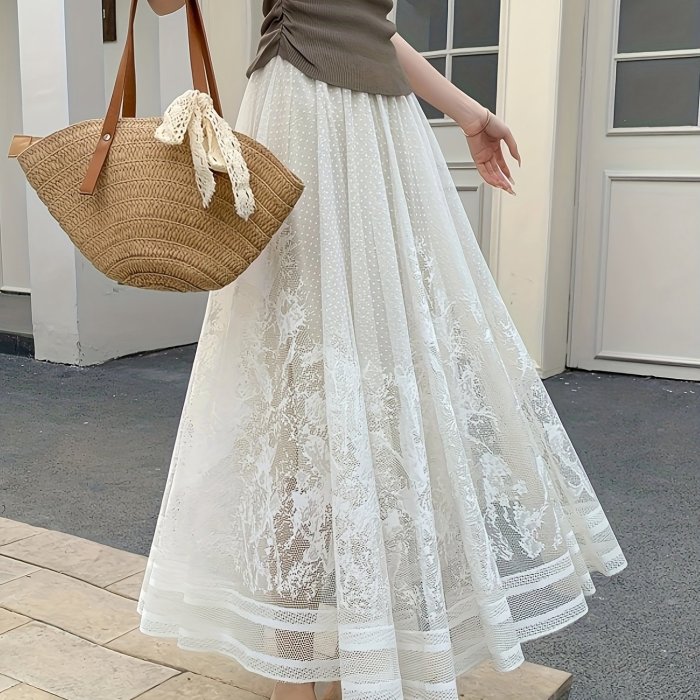 Elegant High-Lace Floral Patchwork Midi Skirt with Tassel Detail - Off-Shoulder, Flared Hem, Polyester, Perfect for Spring\u002FSummer\u002FFall, Off-Shoulder Dressy A-Line Skirt