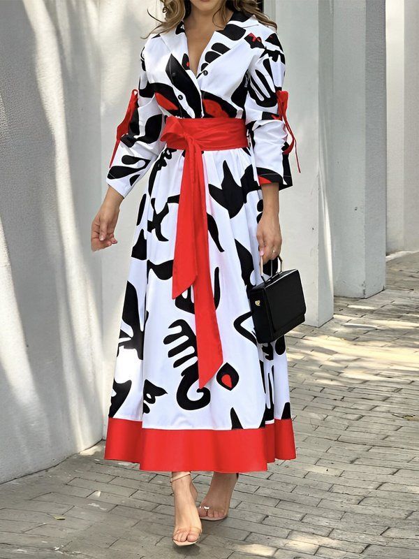 Buttoned Contrast Color Tied Waist A-Line Long Sleeves Notched Collar Shirt Dress Maxi Dresses