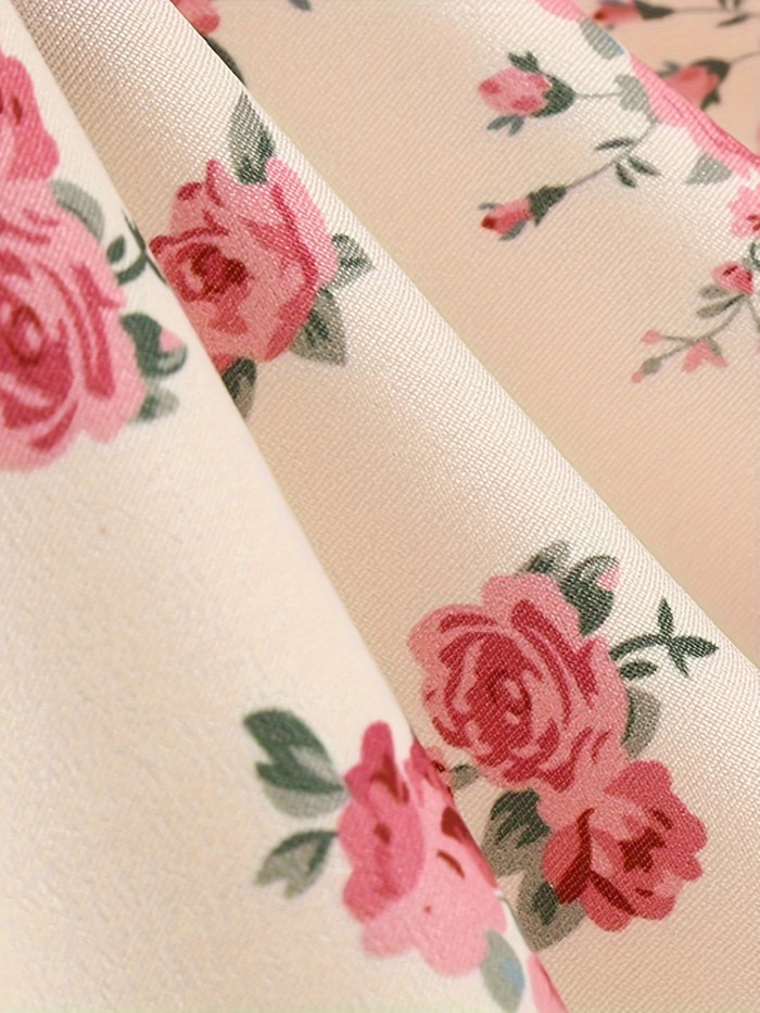 Elegant Floral A-Line Dress for Women - Light Beige with Pink Print, Adjustable Spaghetti Straps, Tummy Control, Zipper Back