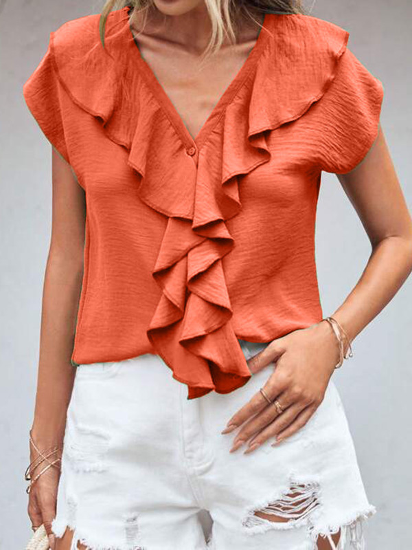 Ruffle Trim Solid Color Batwing Sleeves Loose V-Neck Blouses&Shirts Tops