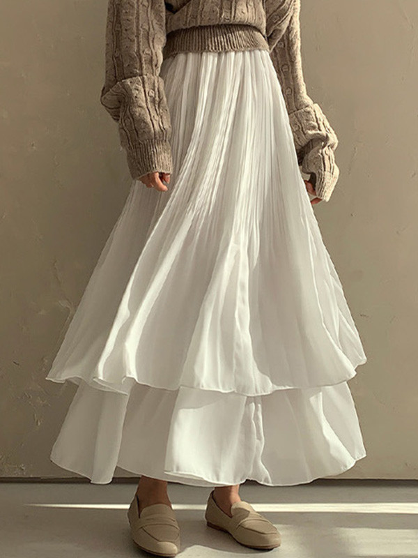 Double Layered Pleated Solid Color A-Line Loose Skirts Bottoms