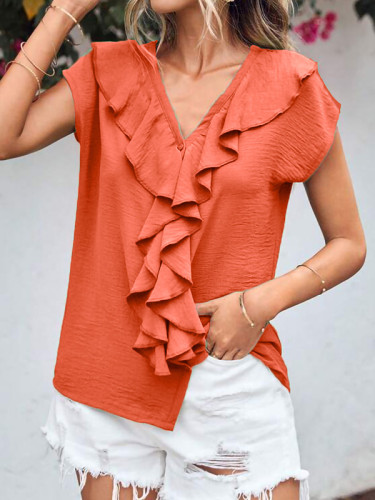 Ruffle Trim Solid Color Batwing Sleeves Loose V-Neck Blouses&Shirts Tops