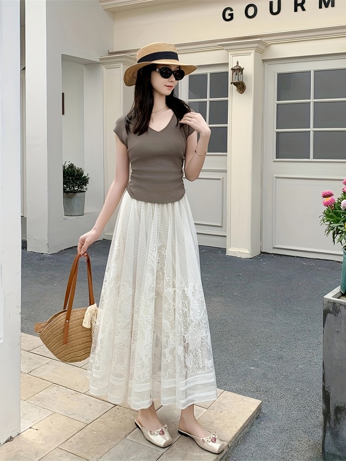 Elegant High-Lace Floral Patchwork Midi Skirt with Tassel Detail - Off-Shoulder, Flared Hem, Polyester, Perfect for Spring\u002FSummer\u002FFall, Off-Shoulder Dressy A-Line Skirt