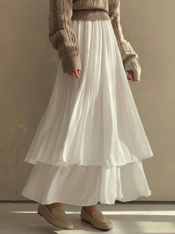 Double Layered Pleated Solid Color A-Line Loose Skirts Bottoms