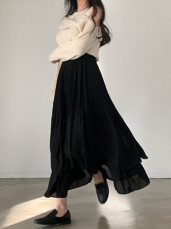 Double Layered Pleated Solid Color A-Line Loose Skirts Bottoms