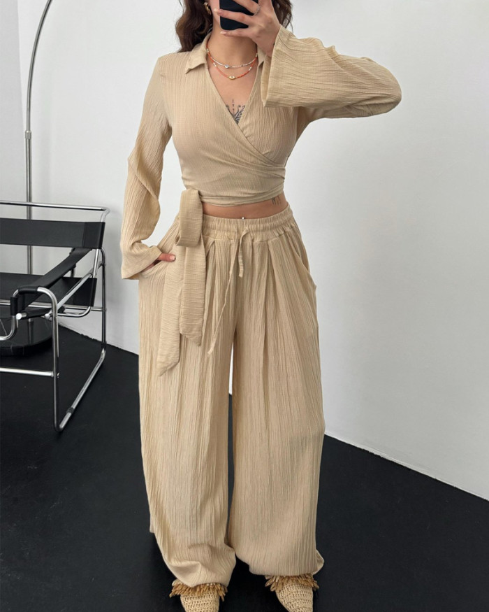 Casual Sauersucker Lace-Up Top & Pants Two-Piece Set
