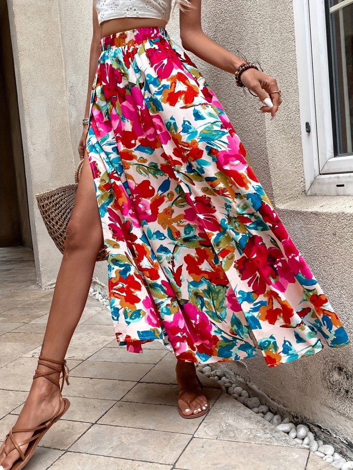 Women's Vibrant Tropical Floral Print High-Waisted Maxi Skirt with Front Slit - Casual Summer Skirt, Machine Washable Polyester, Lightweight & Flowy Design
