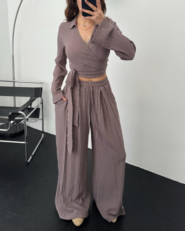 Casual Sauersucker Lace-Up Top & Pants Two-Piece Set