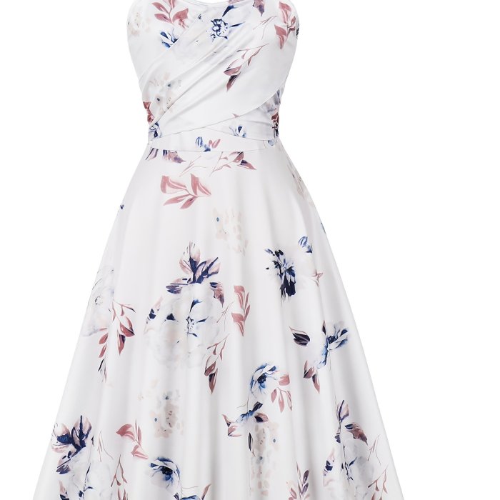 Women'S Elegant Sleeveless Midi Dress, Floral Print Polyester Slip with Notched Collar, Regular Fit & Flared Hem, 210g\u002Fm² Woven Fabric, Spring\u002FSummer\u002FFall Collection