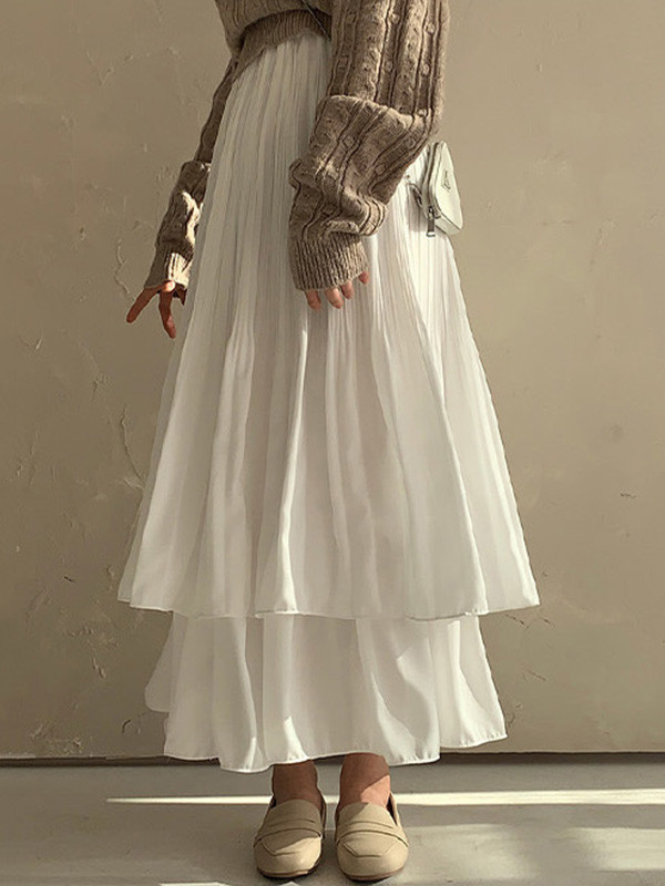 Double Layered Pleated Solid Color A-Line Loose Skirts Bottoms