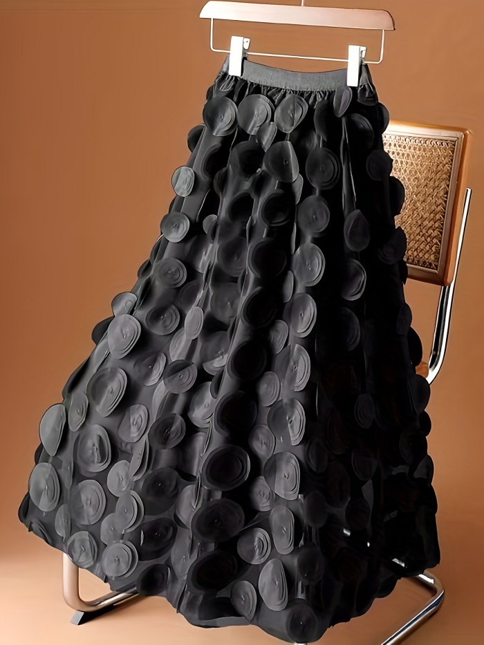 Elegant Black A-Line Skirt with Layered Circle Pattern - Lightweight Polyester, Flared Hem, Spring\u002FSummer Fashion, Hand Wash Only, Regular Length, No Belt Needed