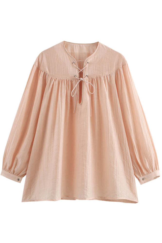 Casual Solid Color Lace Up O Neck Blouses