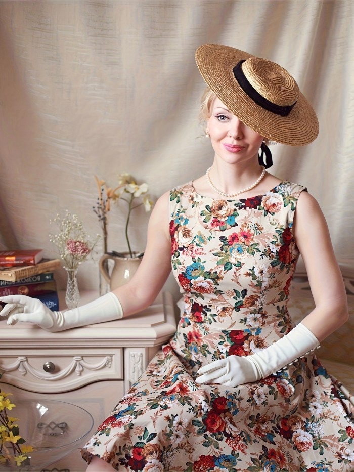 Elegant Floral Print A-Line Dress for Women - Soft Stretchy Polyester Blend, Crew Neck, Sleeveless, Machine Washable, Perfect for All Seasons