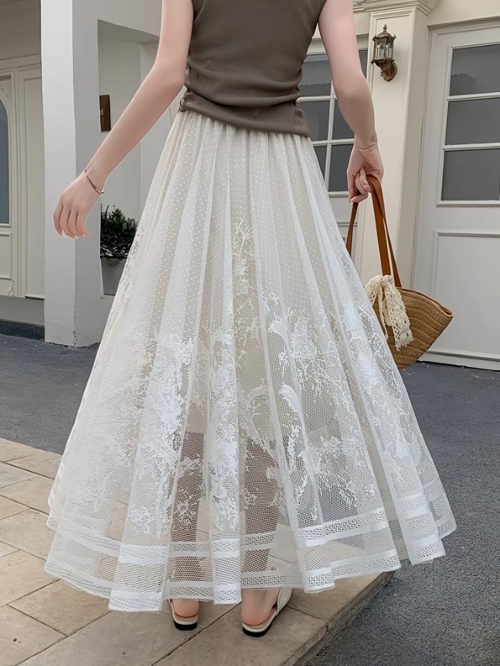 Elegant High-Lace Floral Patchwork Midi Skirt with Tassel Detail - Off-Shoulder, Flared Hem, Polyester, Perfect for Spring\u002FSummer\u002FFall, Off-Shoulder Dressy A-Line Skirt
