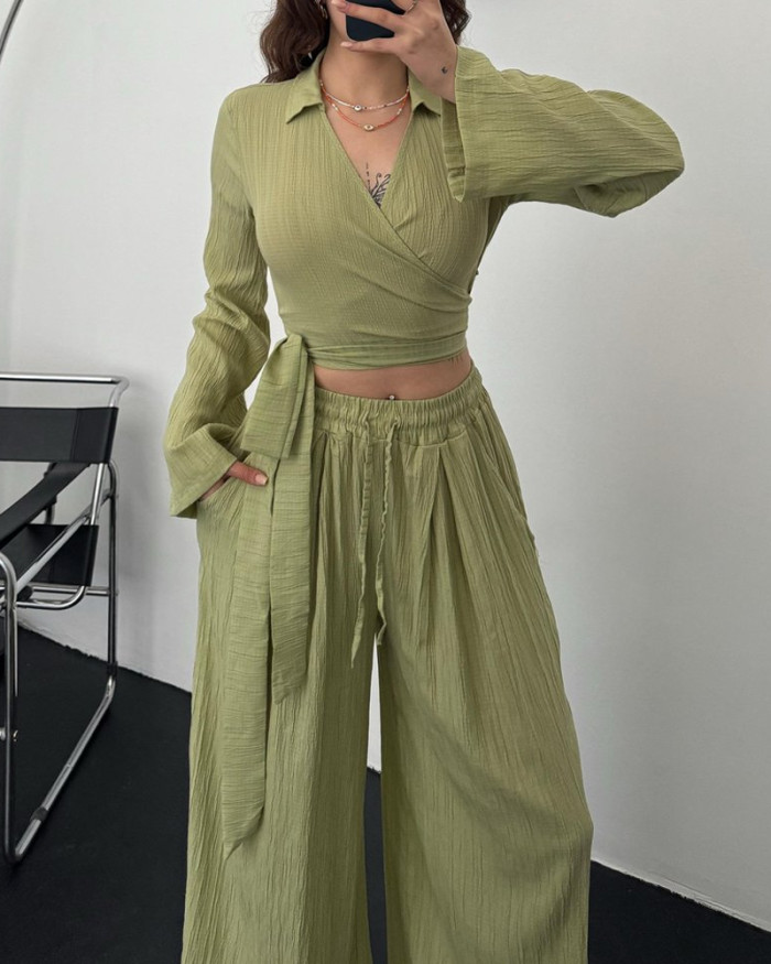 Casual Sauersucker Lace-Up Top & Pants Two-Piece Set