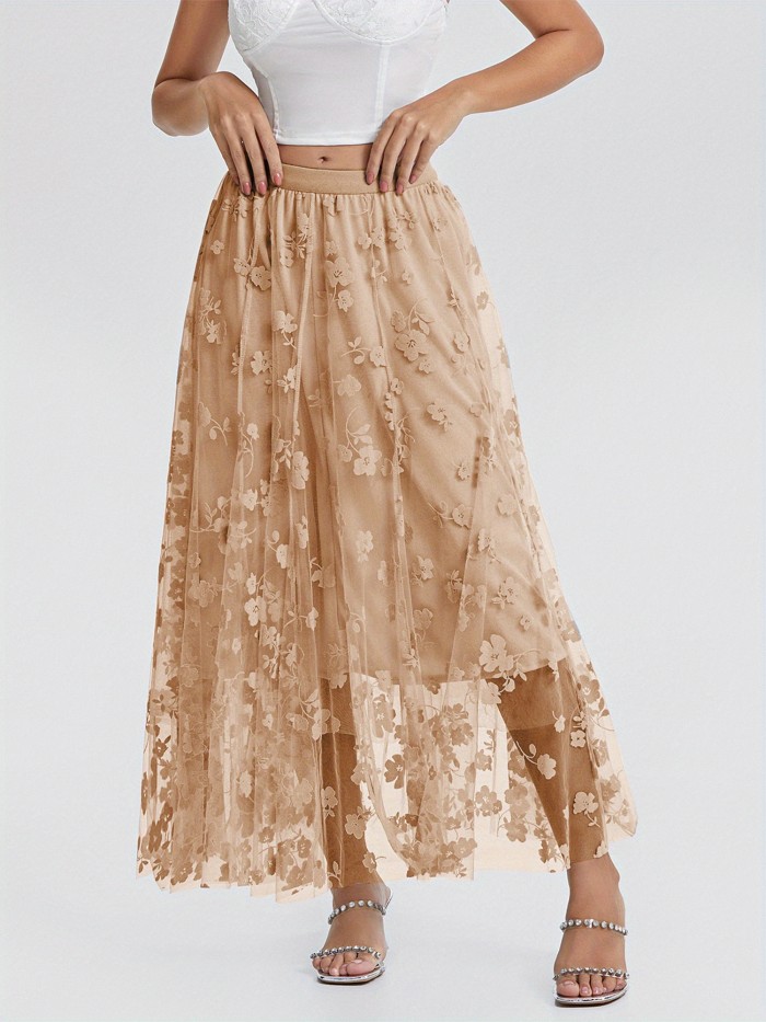 Women'S Midi Skirt French Elegant Elastic Waist Velvet Floral A-Line Mesh Skirt for Spring Fall