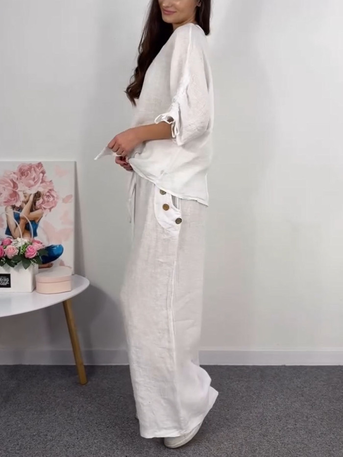 Button design cotton and linen two-piece set
