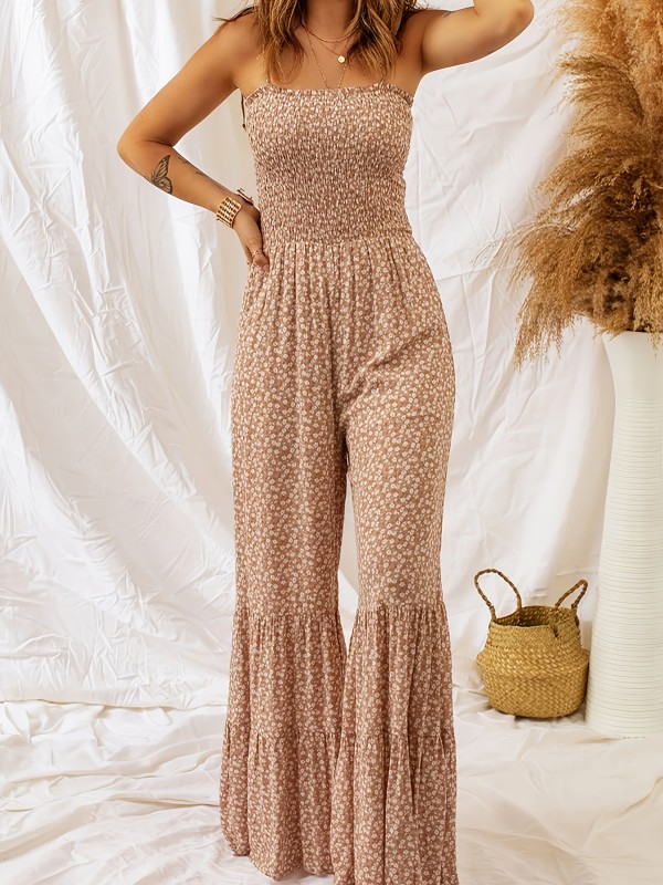 Boho Chic Women's Floral Jumpsuit - Elegant, High-Waist, Rust-Colored Polyester, Spaghetti Straps, Perfect for Casual Wear