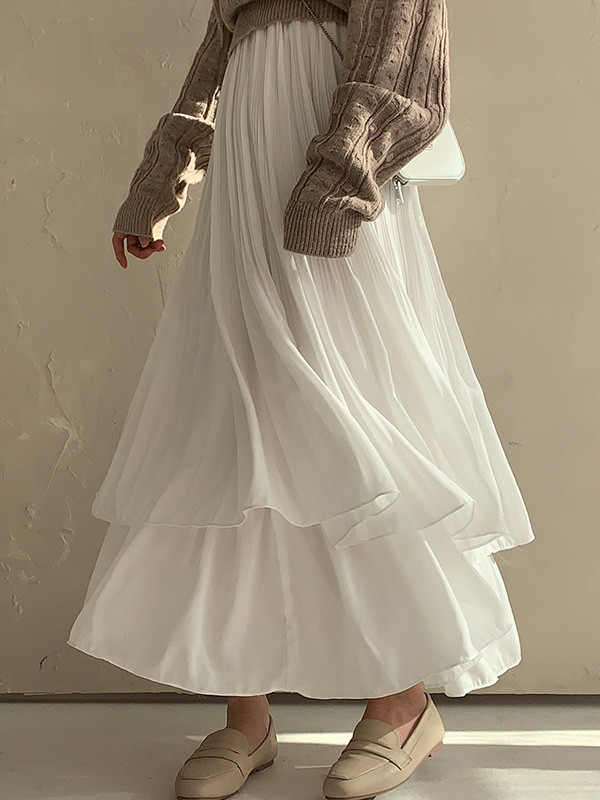 Double Layered Pleated Solid Color A-Line Loose Skirts Bottoms
