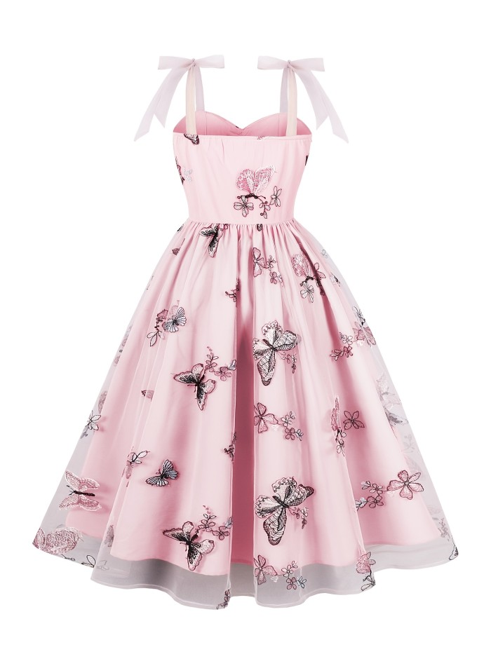 Elegant French-Inspired Pink Tulle Dress with Embroidered Butterfly Detail, Knee-Length, Sleeveless with Bow Tie Waist - Polyester & Spandex Blend, Machine Washable