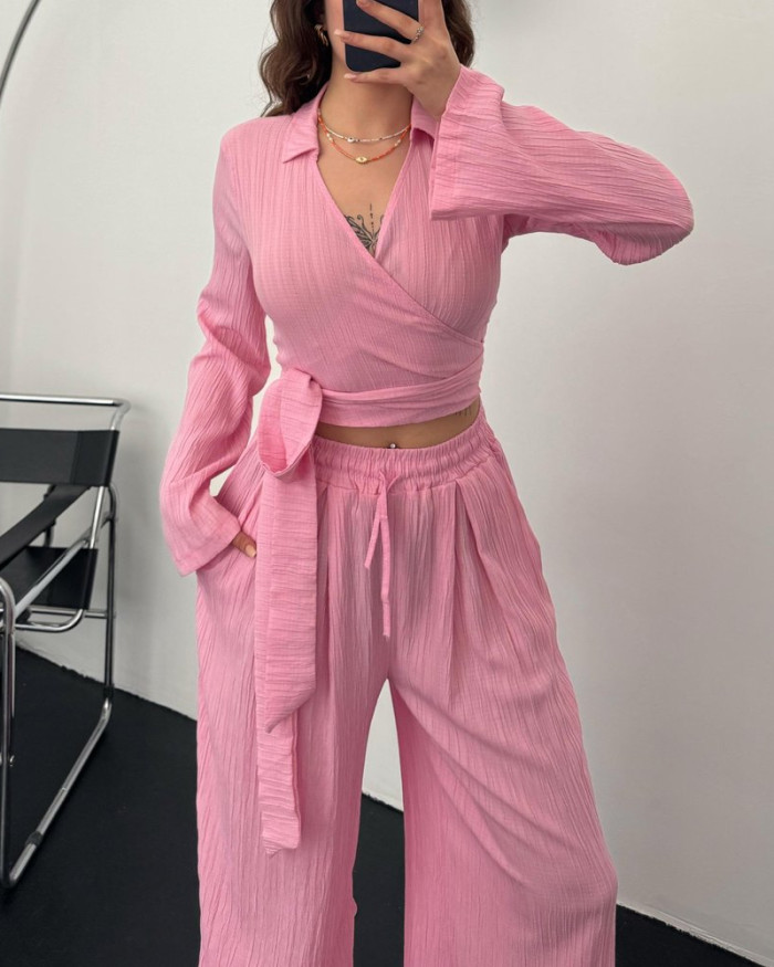 Casual Sauersucker Lace-Up Top & Pants Two-Piece Set
