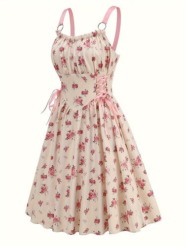 Elegant Floral A-Line Dress for Women - Light Beige with Pink Print, Adjustable Spaghetti Straps, Tummy Control, Zipper Back