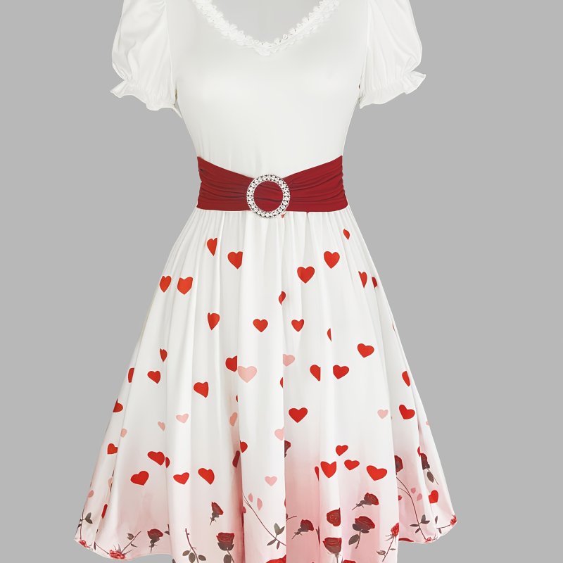 Elegant Vintage Heart and Rose Print Dress for Women with Lace Detail, Puff Sleeves, and Sweetheart Neckline - Ideal for Valentine's Day and Parties, Floral Print Dress