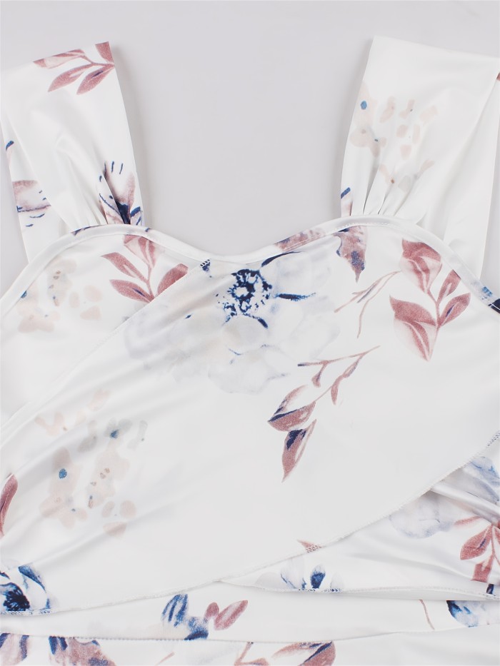 Women'S Elegant Sleeveless Midi Dress, Floral Print Polyester Slip with Notched Collar, Regular Fit & Flared Hem, 210g\u002Fm² Woven Fabric, Spring\u002FSummer\u002FFall Collection