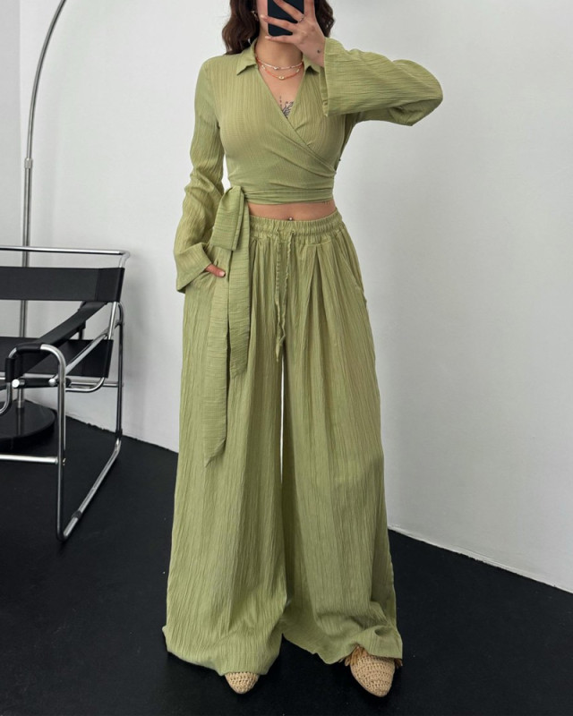 Casual Sauersucker Lace-Up Top & Pants Two-Piece Set