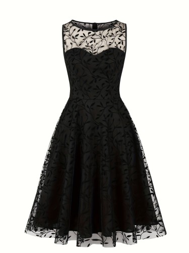 1pc Vintage Style Women'S Sleeveless Round Neck Floral Lace Swing Dress - Embroidered A-Line Mid-Length Polyester & Spandex Summer Party Dress