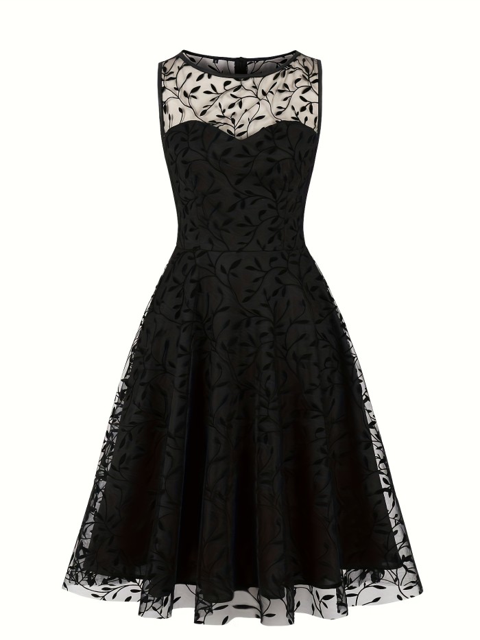 1pc Vintage Style Women'S Sleeveless Round Neck Floral Lace Swing Dress - Embroidered A-Line Mid-Length Polyester & Spandex Summer Party Dress