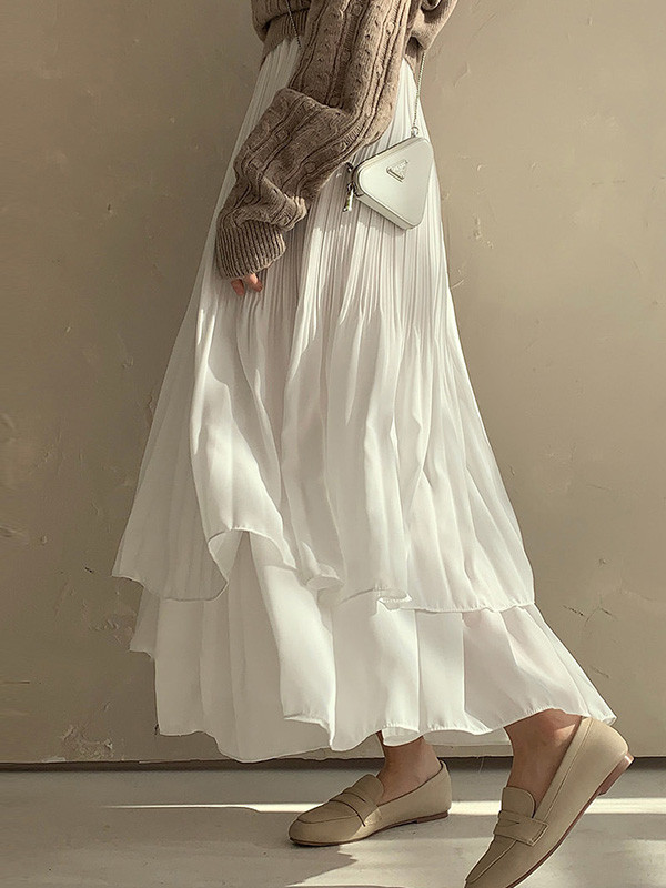 Double Layered Pleated Solid Color A-Line Loose Skirts Bottoms