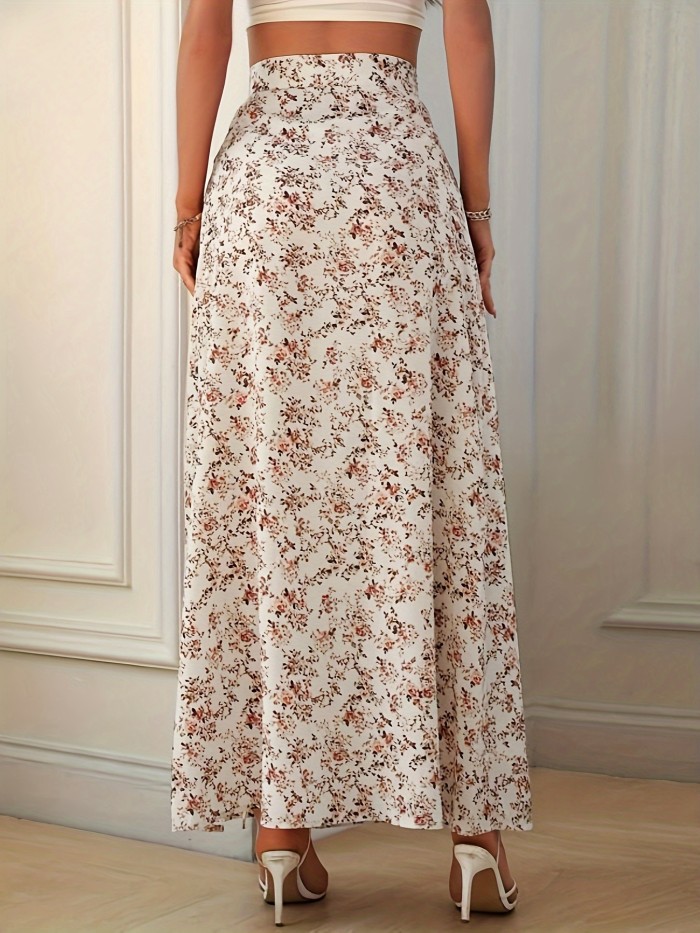 Elegant Floral Print High-Waisted Skirt with Side Slit - Women's Polyester Fashion, Machine Washable, Ideal for Spring\u002FSummer, Spring Summer Fashion|Floral Midi Skirt|Vibrant Floral Print