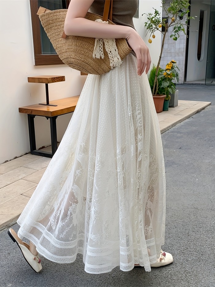 Elegant High-Lace Floral Patchwork Midi Skirt with Tassel Detail - Off-Shoulder, Flared Hem, Polyester, Perfect for Spring\u002FSummer\u002FFall, Off-Shoulder Dressy A-Line Skirt
