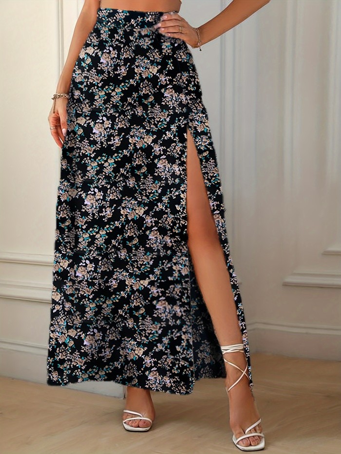 Elegant Floral Print High-Waisted Skirt with Side Slit - Women's Polyester Fashion, Machine Washable, Ideal for Spring\u002FSummer, Spring Summer Fashion|Floral Midi Skirt|Vibrant Floral Print