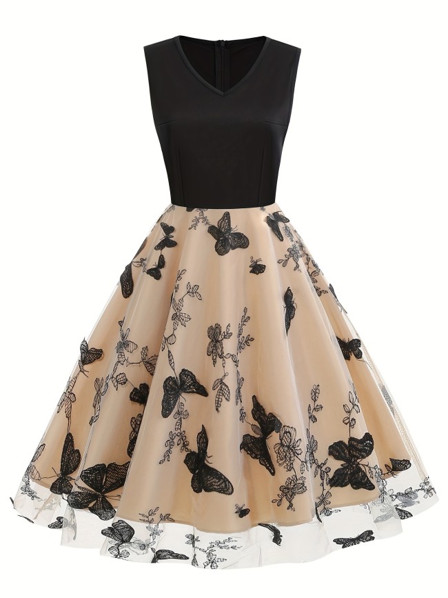 Women's Dress Sleeveless Butterfly Embroidery Mesh Double Layered Prom Dress