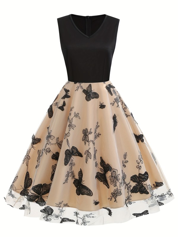 Women's Dress Sleeveless Butterfly Embroidery Mesh Double Layered Prom Dress