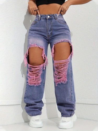 New Arrive Women's High-Waisted Slimming Straight-Leg Distressed Jeans - Purple-Pink Denim with Big Ripped Holes, Casual Boyfriend Style for Spring Summer Fall, Machine Washable