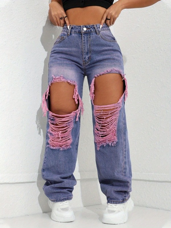 New Arrive Women's High-Waisted Slimming Straight-Leg Distressed Jeans - Purple-Pink Denim with Big Ripped Holes, Casual Boyfriend Style for Spring Summer Fall, Machine Washable