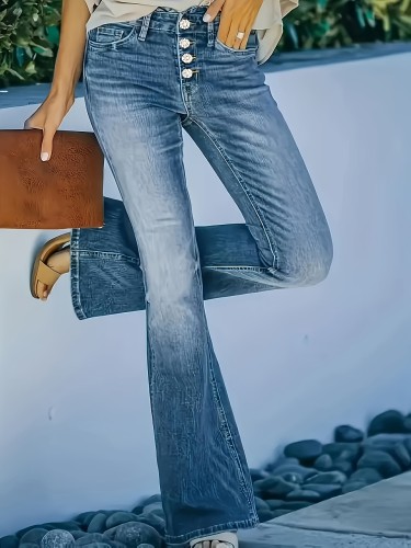 Women's High-Waisted Stretch Flared Jeans with Front Button Closure - Mid-Blue Geometric Pattern Streetwear Pants, 90% Polyester\u002F10% Elastane Blend, Machine Washable All-Season Casual Trousers, Casual Streetwear | Stylish Button Closure | Sleek Texture Pants