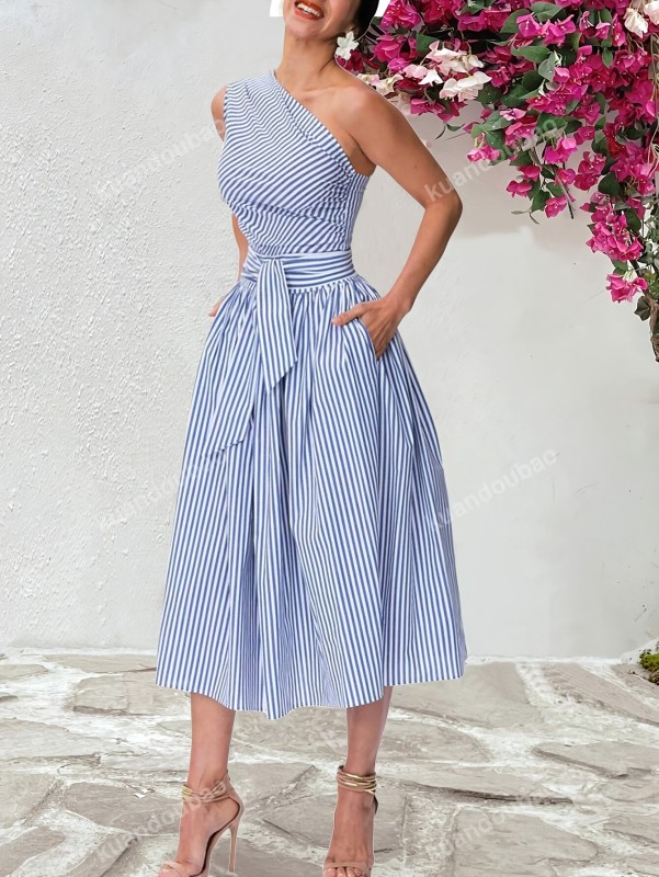 Ladies Off the Shoulder Striped Sleeveless Dress with Belt, Polyester, for Spring, Summer, Fall
