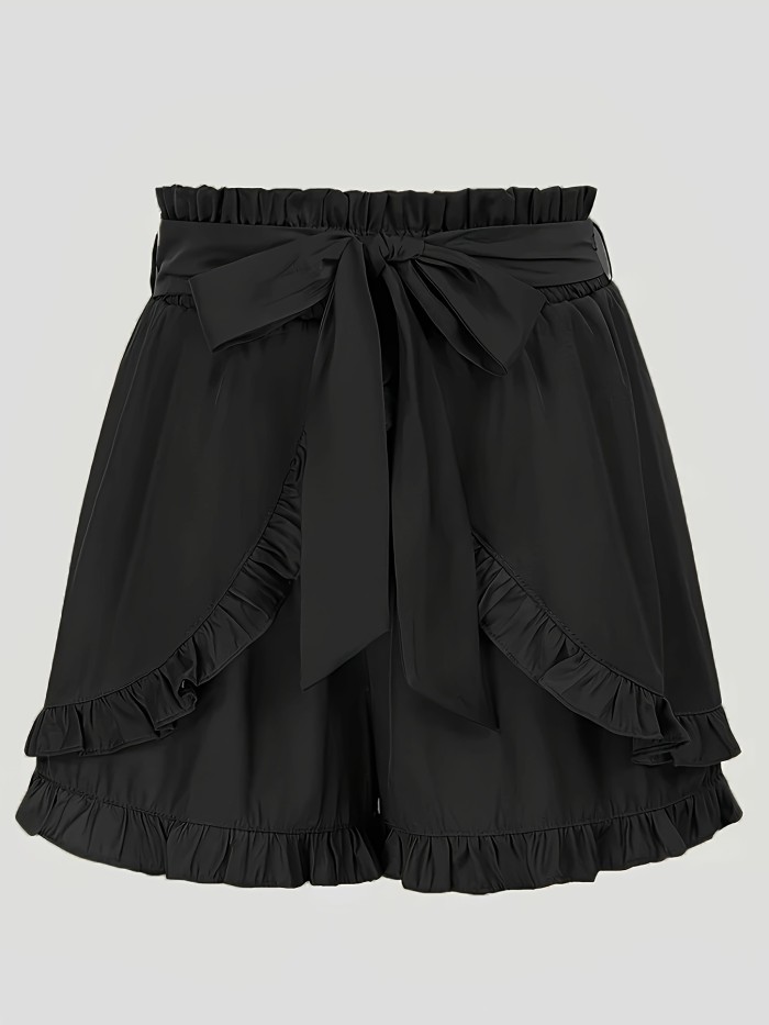 Slant Pocket Frill Trim Shorts Belted Slant Pocket Frill Trim Shorts, Elegant Loose Shorts For Spring & Summer, Women's Clothing