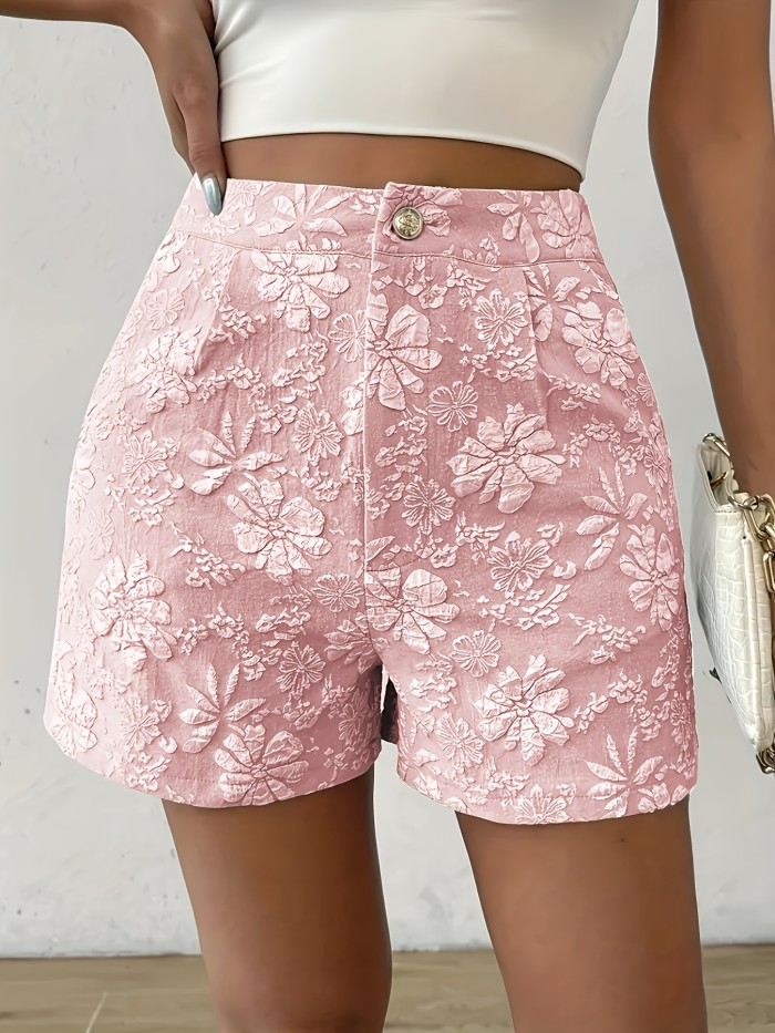 Elegant High Waist Shorts Beige Elegant High Waist A-Line Shorts - Women's Floral Jacquard Casual Shorts, 100% Polyester Fiber, Machine Washable, Suitable for Spring\u002FSummer\u002FAutumn