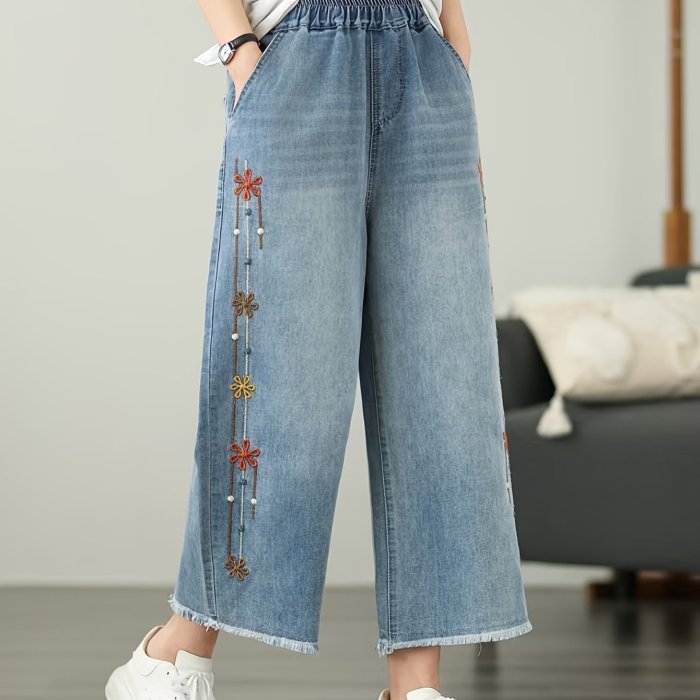 Elegant Flower Embroidered Wide Leg Baggy Jeans, Raw Hem Detail, Elastic Waistband, Classic Casual Fashion Denim Pants, Eight-point Jeans for Spring and Summer, Women'S Clothing