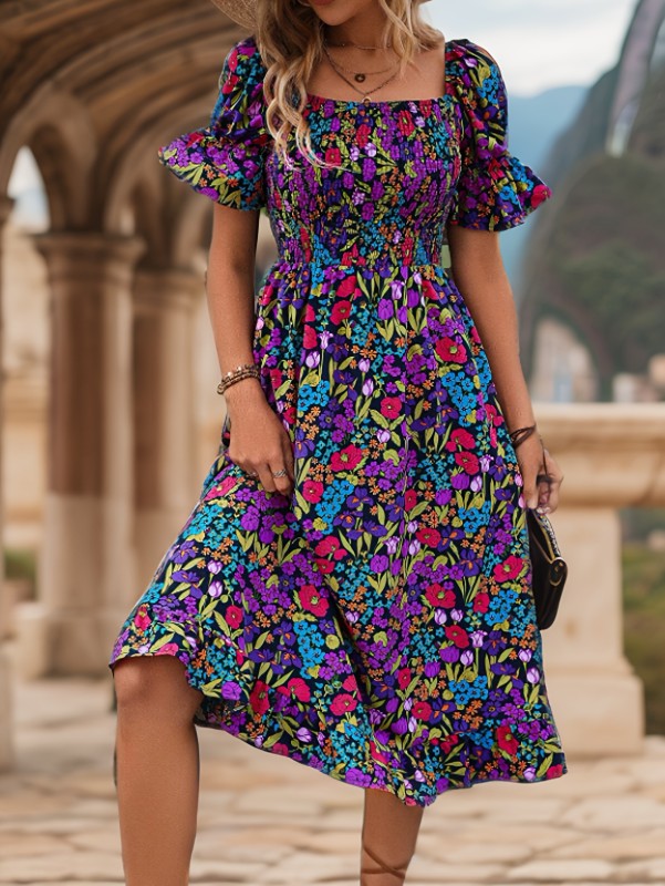Spring Chic Floral Print Dress Chic Floral Print Off-Shoulder Dress with Lantern Sleeves - Stretchy Polyester Blend, Machine Washable - Perfect for Spring\u002FSummer
