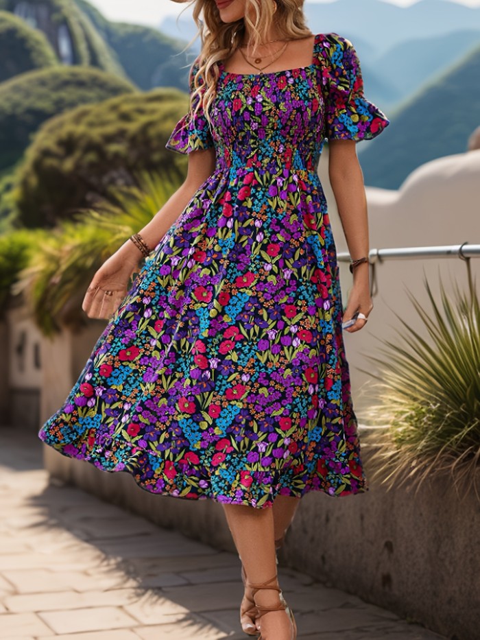Spring Chic Floral Print Dress Chic Floral Print Off-Shoulder Dress with Lantern Sleeves - Stretchy Polyester Blend, Machine Washable - Perfect for Spring\u002FSummer