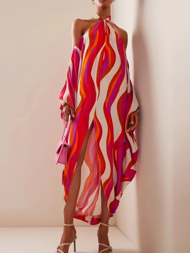 Elegant Women's Halter Neck Maxi Dress - 100% Polyester, All-Over Print, Fitted Style, Irregular Hem, Versatile for All Seasons