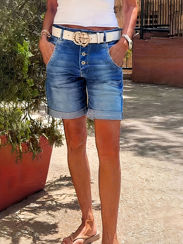 Stretch Denim Shorts Spring\u002FSummer Collection Women's Casual Mid-Waist Denim Shorts - Solid Color, Elastic Waist with Button Fly, Stretch Fabric, 350gsm Woven Jean Shorts