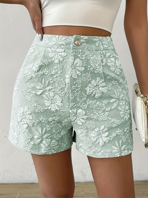 Elegant High Waist Shorts Beige Elegant High Waist A-Line Shorts - Women's Floral Jacquard Casual Shorts, 100% Polyester Fiber, Machine Washable, Suitable for Spring\u002FSummer\u002FAutumn